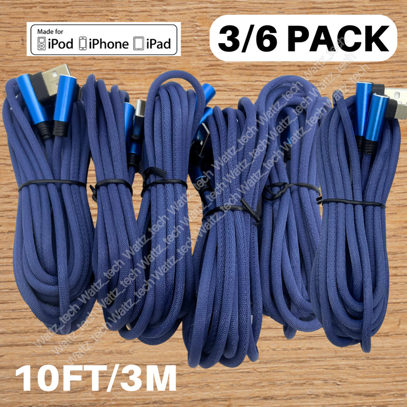 10FT 90-Degree Elbow USB Charger Charging Cable For iPhone 14 13 12 11 SE 8 XR 7