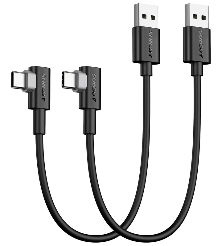SUNGUY USB C 90 Degree Cable 1FT, 2-Pack Right Angle 3A 2.0 1ft, Black