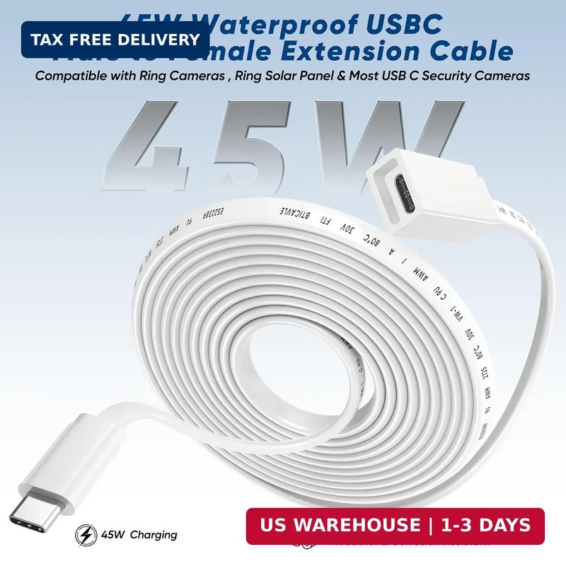 USB C Extension Cable 10ft for Ring Solar Panel & Camera, 45W Charging Waterproo gallery