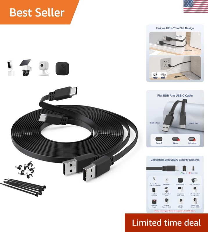 USB A to C Flat Charging Cable 20FT 2-Pack – Perfect for Home Security Cameras