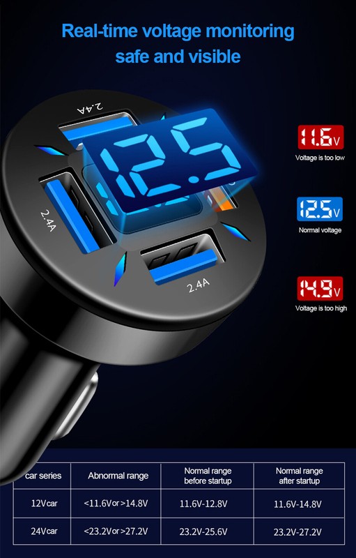 4 Ports Car Charger Cigarette Lighter Socket USB QC3.0 Fast Charging W/Voltage gallery