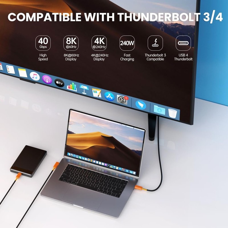 10 Inch USB 4.0 TypeC Silicone Cable 40Gbps 240W 8K/60Hz Up Down Thunderbolt gallery
