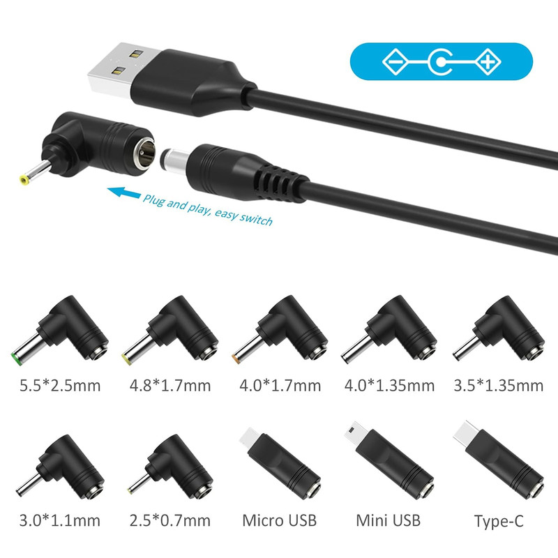 Universal 5V DC Power Cable, USB to DC 5.5×2.1Mm Cord with 10 Tips | 5FT Chargin gallery