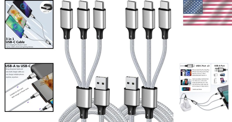 3-in-1 Multi Charging Cable - Fast USB C Splitter with 3 Type-C Ports, 2Pack 4FT gallery