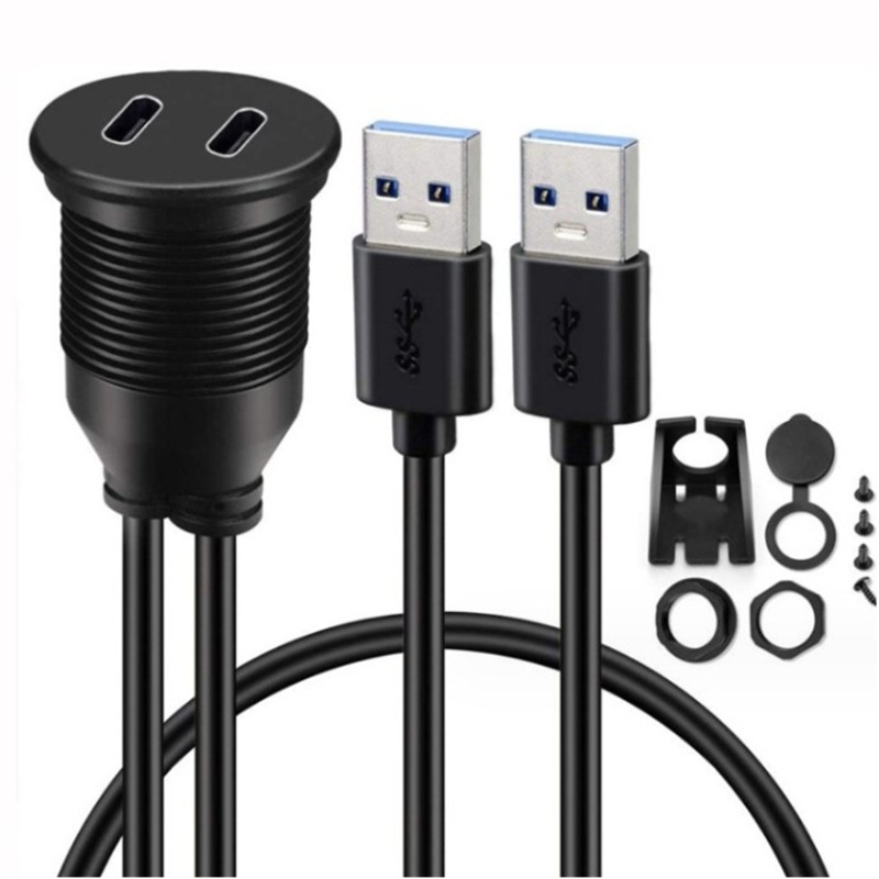 100cm Double USB 3.0 to Double Type C Waterproof Extension Cable for Vehicles
