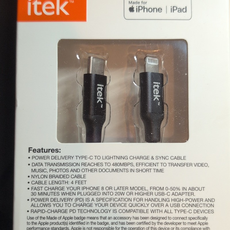 iTek Power Delivery Fast Charge USB-C to Braided Cable 4ft Black gallery