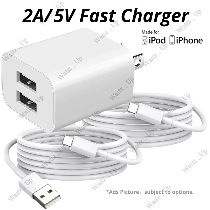 Dual Port Fast Charger Power Adapter For iPhone 6 7 8 X XR 11 12 13 14 USB Cable