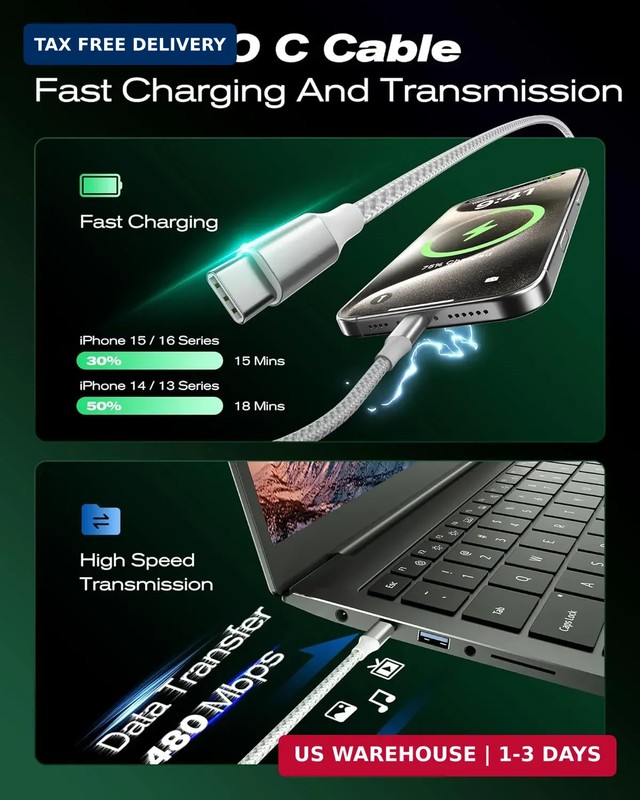 SwaggWood USB C to USB C Cable, 5-Pack [3/3/6/6/10FT] 60W USBC Fast Charging Cab gallery