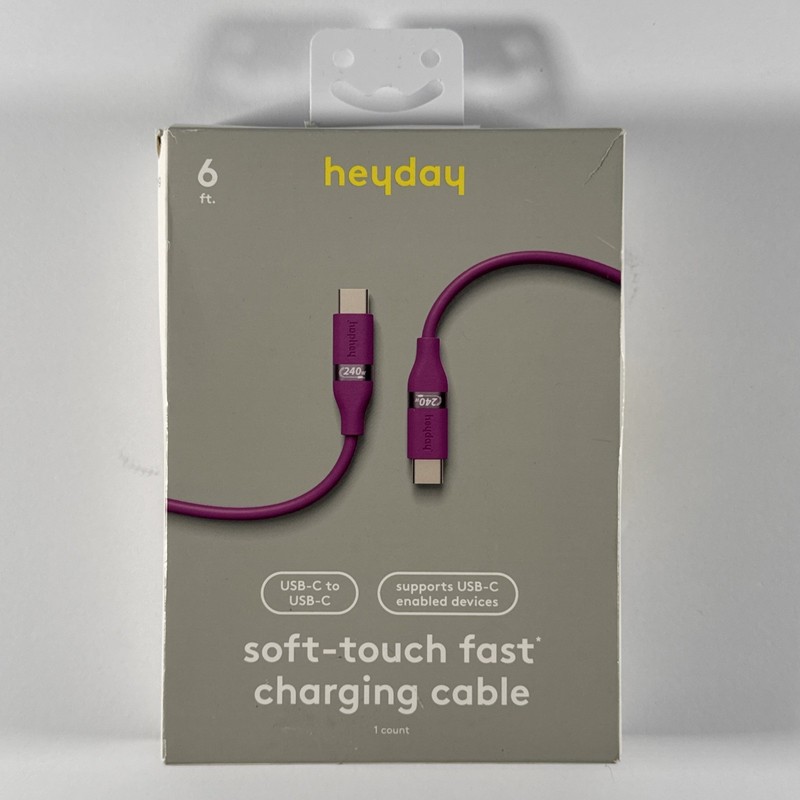heyday 6′ USB-C to USB-C Soft-Touch Fast Charging Silicone Cable – Neon Violet