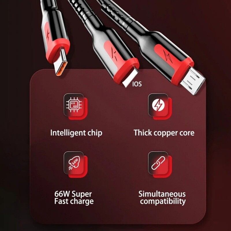 66W 3 in 1 Fast Charging Cable Type C Cable Micro USB Cable For iPhone Samsung gallery