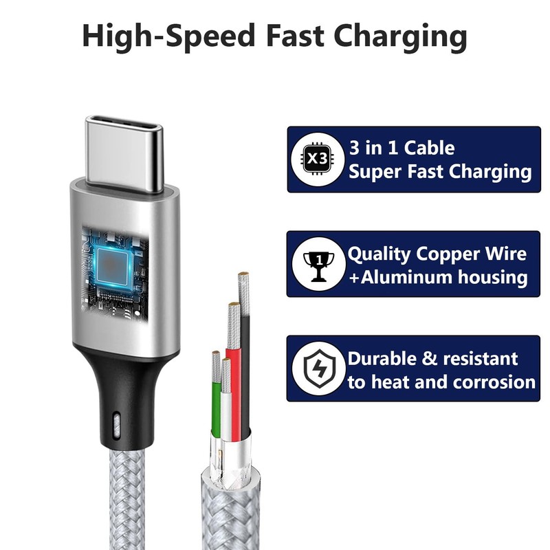 2 PCS 4FT 3 In 1 Multi Fast Charging Cable USBC Splitter 3 TypeC Port Silver gallery