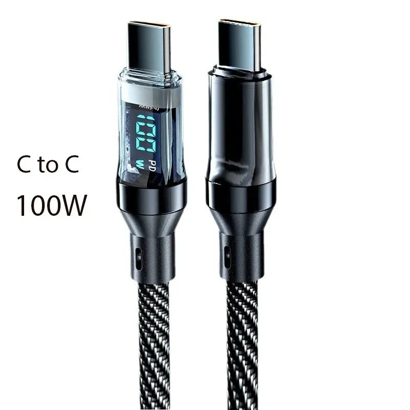 100W USB C Fast Charging Cable LED Display Type C Charger Cord PD QC