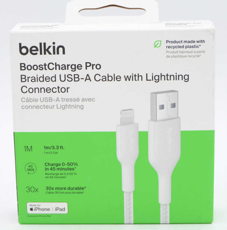 Belkin BoostCharge Pro Braided USB-A to Lightning Cable 15W 3.3 Ft MFi-Certified