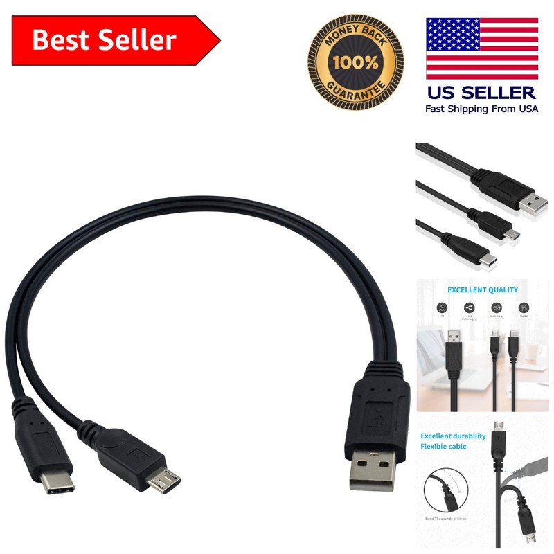 Multi-Device 2-in-1 Charging Solution: USB A to Type C & Micro USB, 2A Output