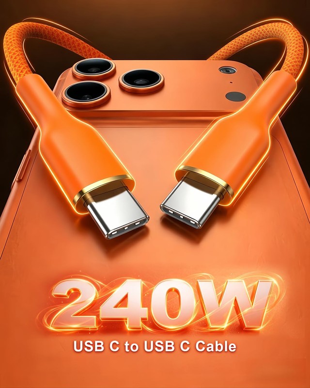 240W USB C Cable, Orange Braided C to C Cable Fast Charging 6.6FT 2-Pack, Typ... gallery