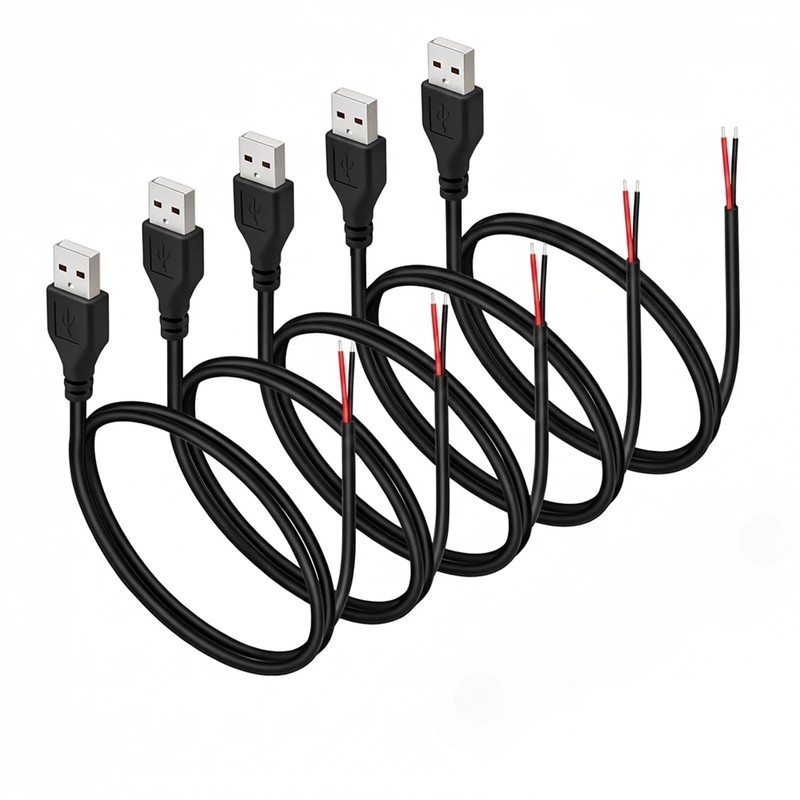 USB Pigtail Power Cable Wire 24AWG 2A 5V DIY Repair Bare Open End 5 Pack