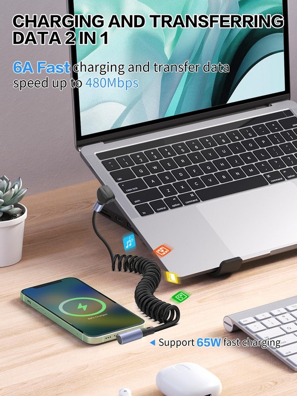 3.2FT 90 Degree Coiled USB A To USB C Cable 6A 65W Fast Charging Retractable gallery