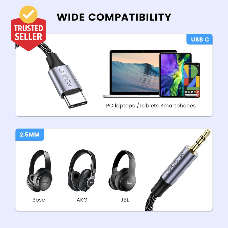3.3Ft USB C to 2.5Mm Aux Audio Cable, USB C to 2.5Mm TRS Hi-Fi Nylon Braided Aux gallery