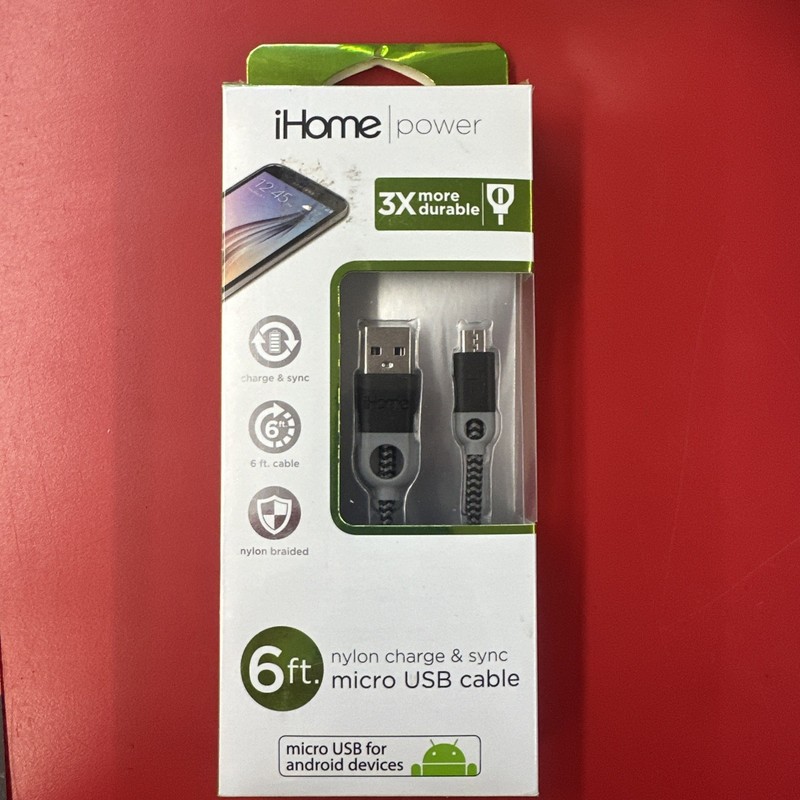 iHome 6ft micro USB Nylon Braided Charge & Sync Cable Android LG Samsung HTC