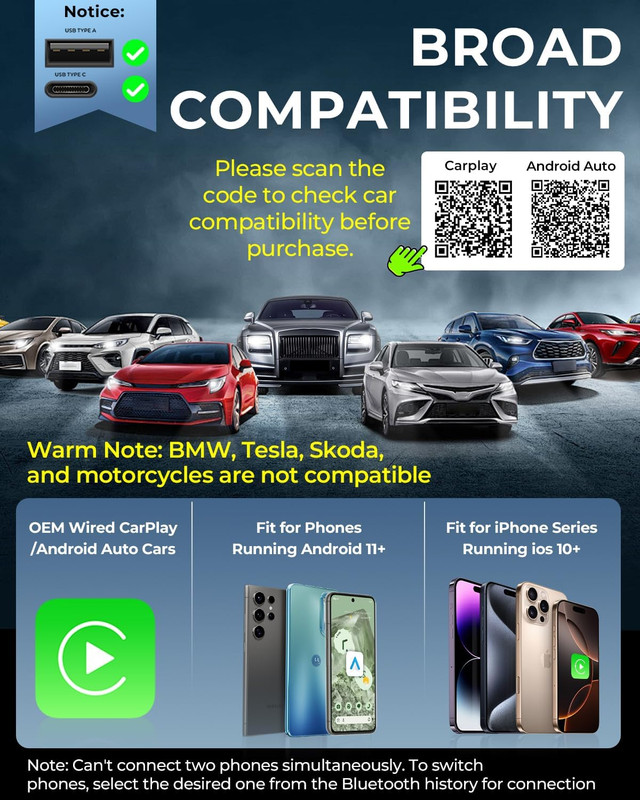 AuroraLink Wireless Carplay Adapter for Apple iPhone & Android Auto 2-in-1 Fast gallery