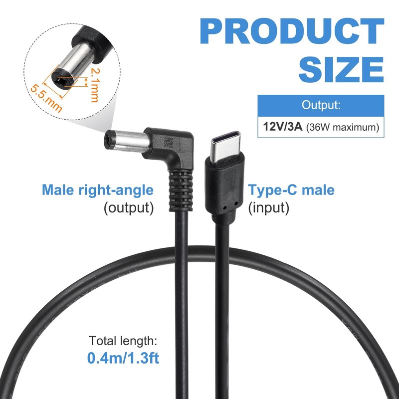 USB to DC Power Cable 12V 3A 36W 5.5x2.1mm 1.3ft USB to DC Barrel PD Trigger ... gallery