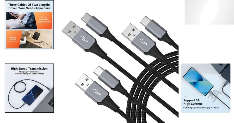 Black USB-C Cable 3-Pack - 3ft/6ft Nylon Braided, Fast Charging Compatibility gallery