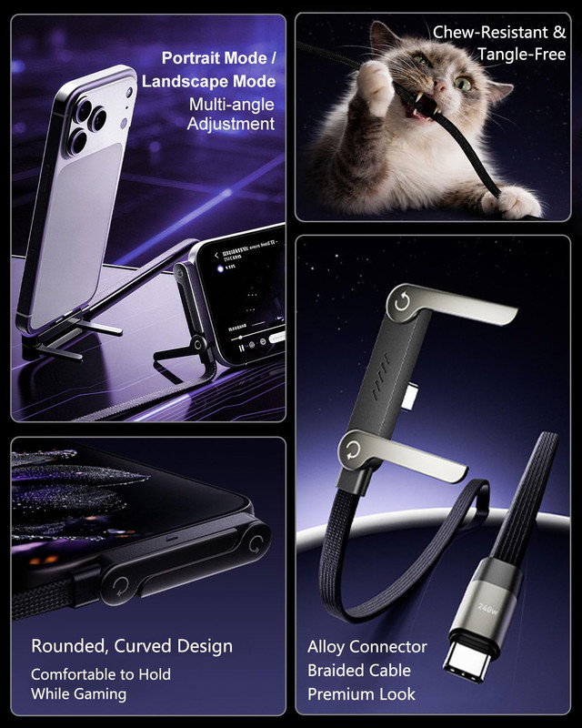 240W USB-C Charge Cable Invisible Holder Sideways Phone Charger with Stand 5 Ft gallery