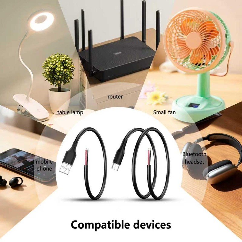 10 PCS USB A, USB C to 2-Pin Bare Wire Pigtail Cable Kit, 12V 3A, 5V 3A, DIY gallery