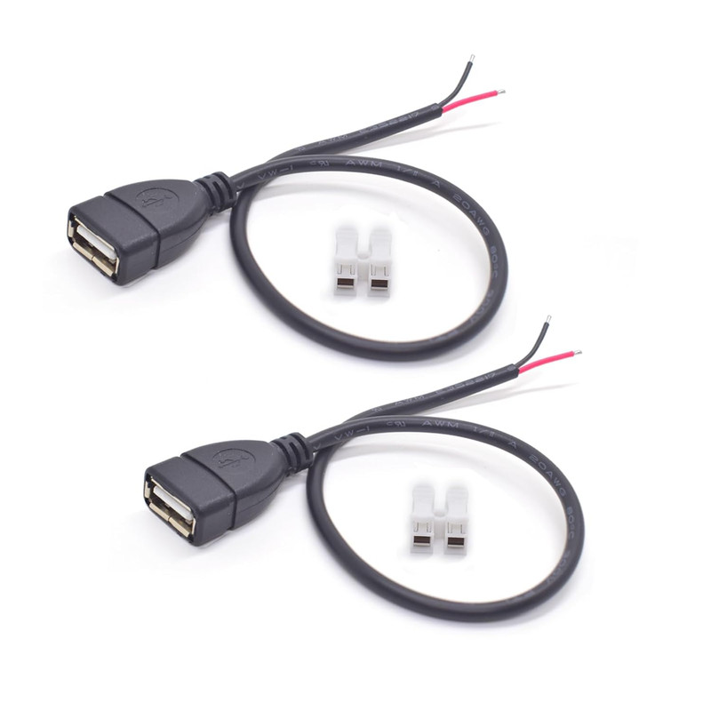 2Pack USB Female 2 Wire Pigtail 1Ft 20AWG 5V 5A DIY Power Cable | USB2.0 Female