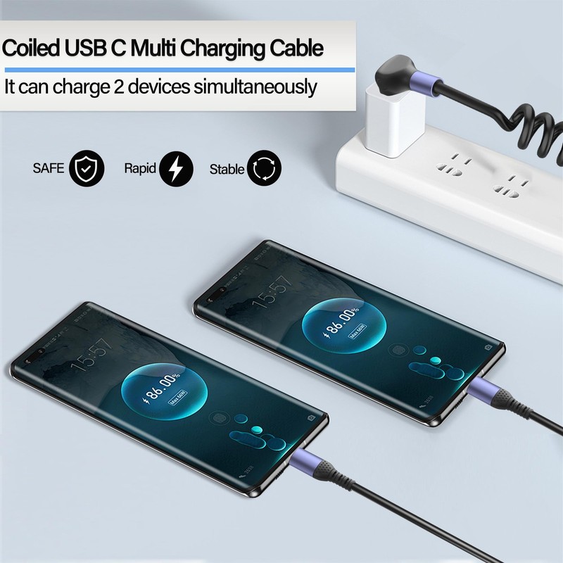 Coiled Multi USB Charging Cable 2 in 1 Type C Port 90 Degree Splitter 5.9FT gallery
