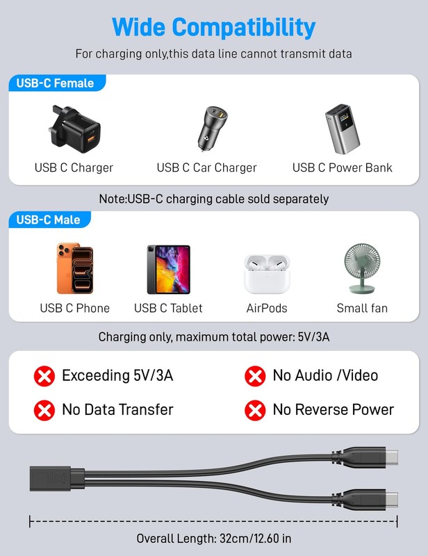 USB Splitter 1 in 2 Out, USB Splitter, USB Female to Dual Port Power Charging... gallery