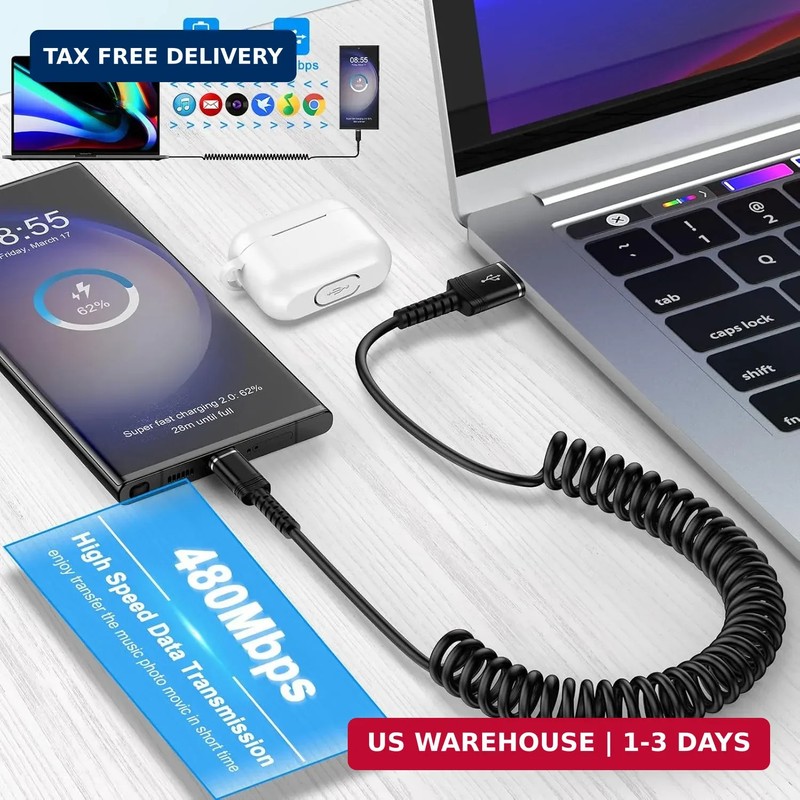 Fast Charger Cable Coiled USB C for Car 3FT Android Auto Type A to C gallery
