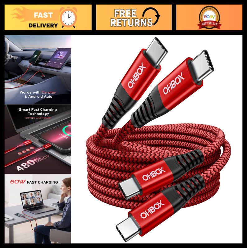 60W USB C to USB C Cable 10FT [2-Pack] Fast Charging Braided Cord for iPhone/Sam