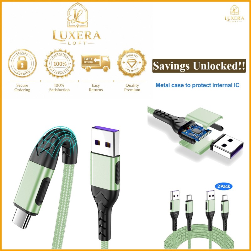 2 Pack 10ft USB C Cable Fast Charging Braided for Phone, Tablet, Laptop, Green