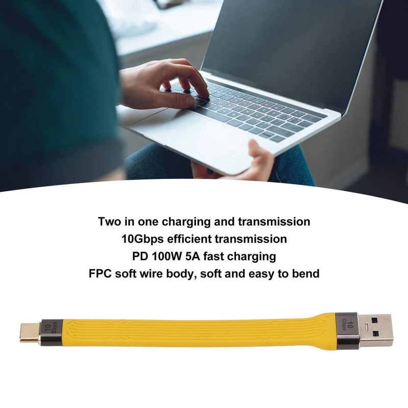 Short USB A to USB C Cable Portable Small FPC Flexible Cable PD 100w 5A 10Gbps