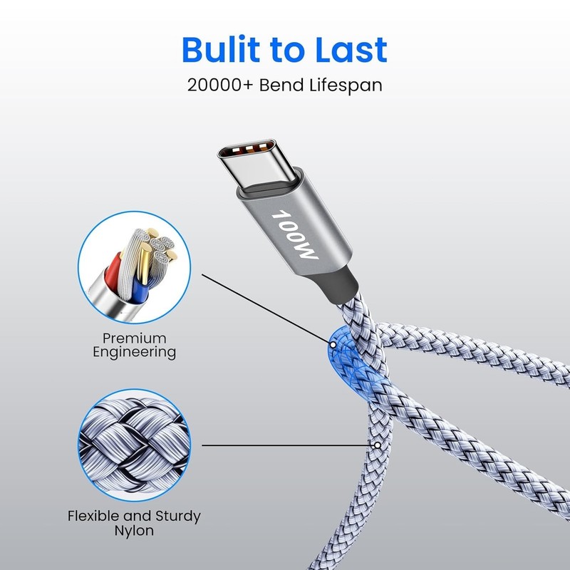 etguuds 100W USB C Cable 8ft, 2-Pack USB C to USB C Cable 100 Watt Fast Charging gallery