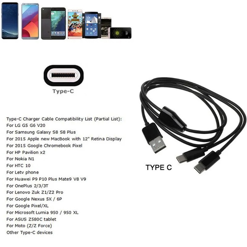 2PC Portable USB 2.0 Type A M To Dual Type C M Splitter Y Charg Data Cable Black gallery