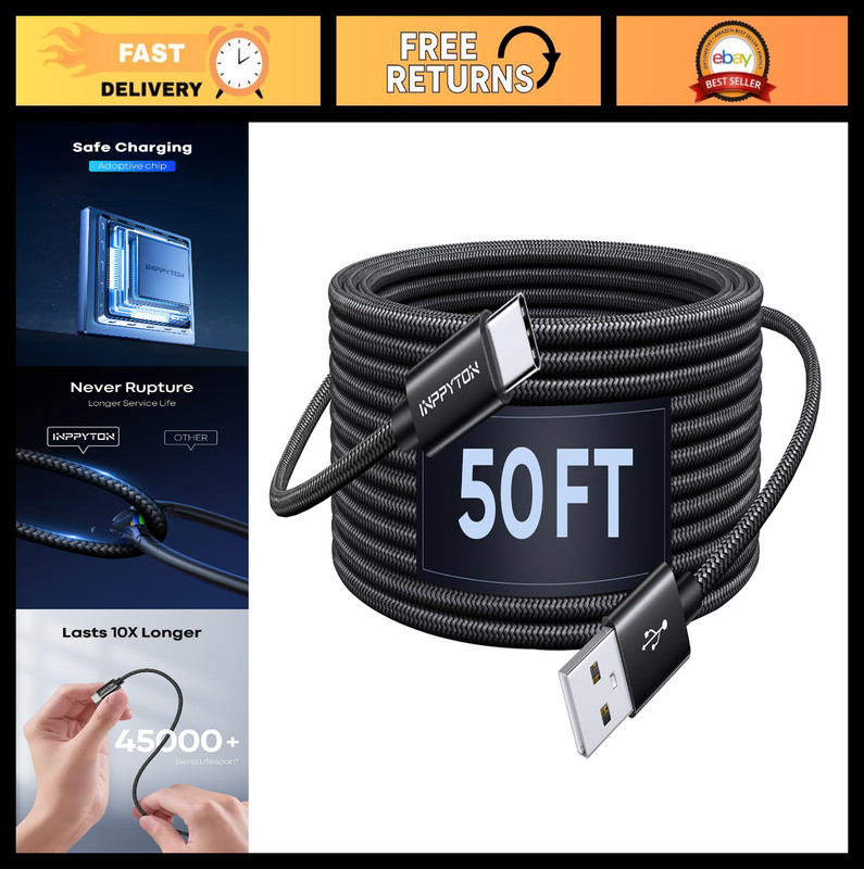 50FT Extra Long USB C Cable, Nylon Braided Charging Cord for Phones, Tablets, PS