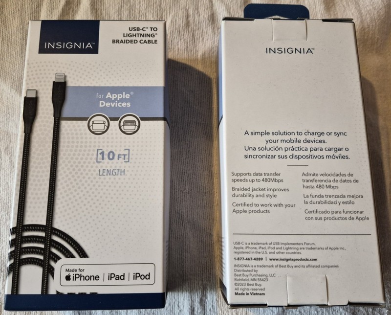 NIB – Two (2) Insignia Braided Cables 10′ USB-C to Lightn’g Cable