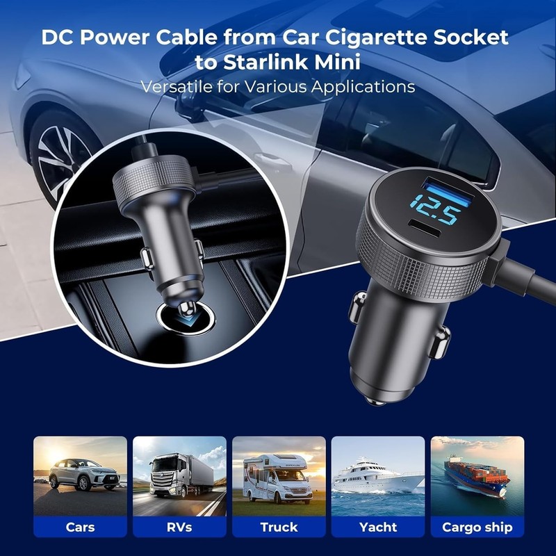 16.4FT 3in1 Starlink Mini Car Charger DC Power Cable+ Cigarette Lighter Adapter gallery