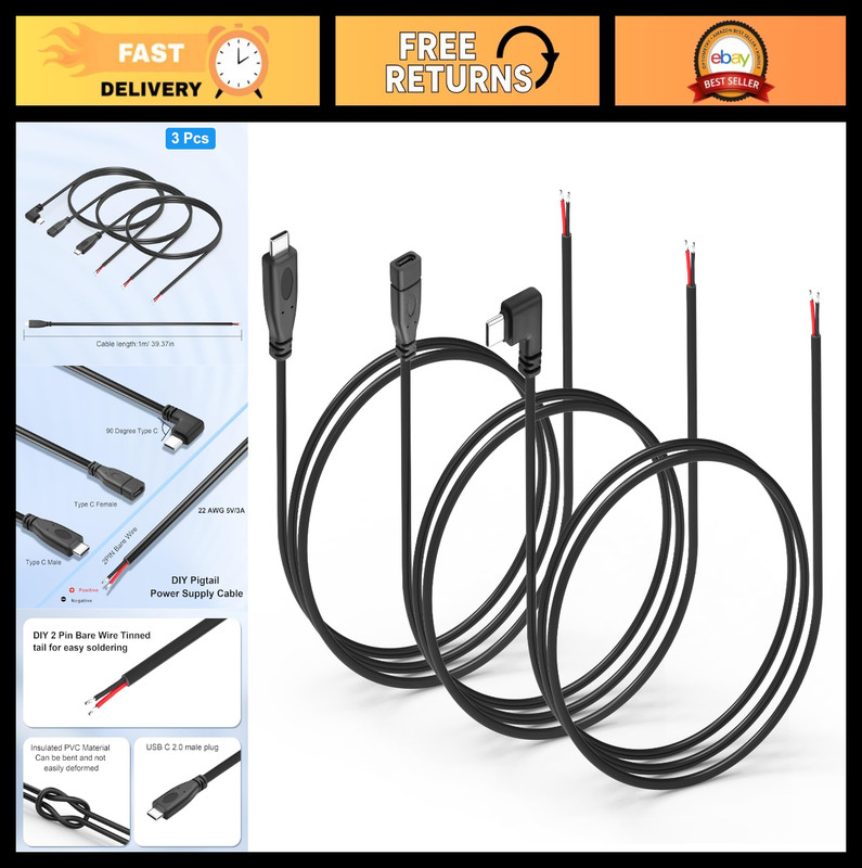 22AWG USB C Pigtail Cable 5V 3A, 2 Pin Bare Wire Power Cord – 3 Pack for DIY Rep