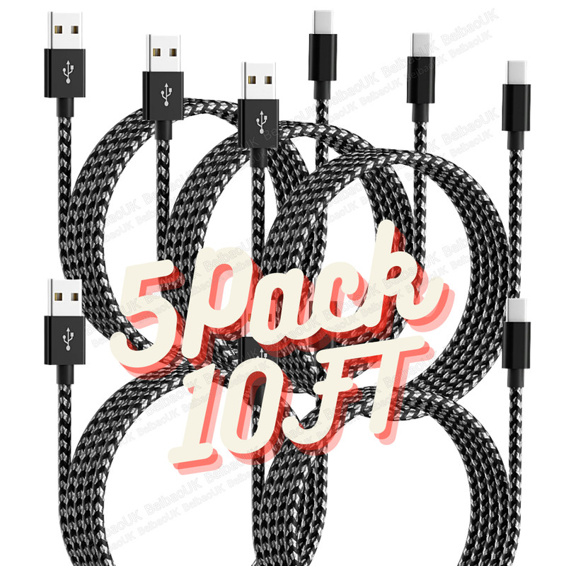 5 Pack 10ft USB-C Fast Charger Cable For iPhone 15 16 17 Samsung Type C Cord Lot