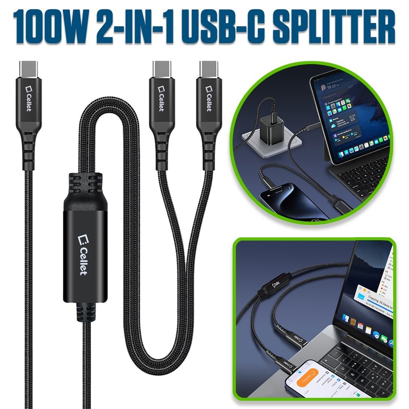 100W USB-C 2-in-1 Fast Charging Cable Dual USB-C Splitter PD 480Mbps