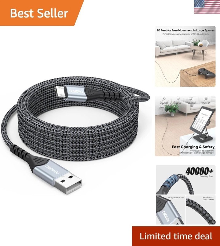 20 Ft Micro USB Braided Charger Cable – Fast Data Transfer & 18-