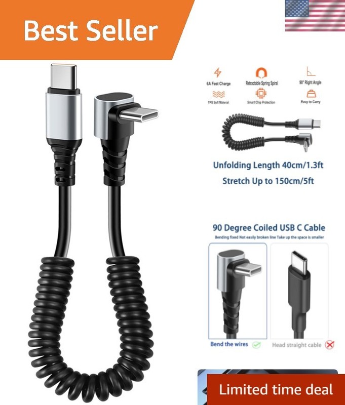 90 Degree Spring Coiled USB-C Cable | Max 60W Fast Charging | 5FT Extendable