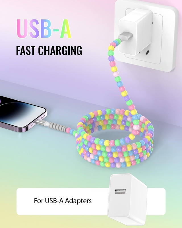 6FT USB A Cable for Apple Phone Charger Cord Short Colorful Beads Cute Beaded... gallery