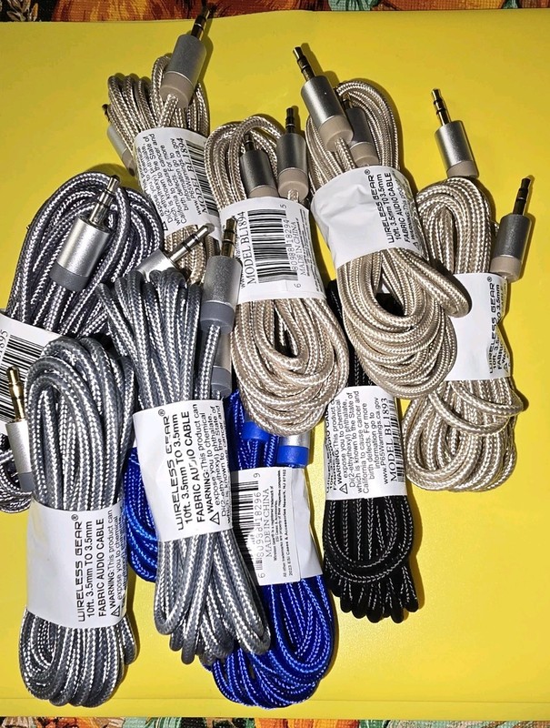 Wireless Gear 10ft Fabric Audio Cable Lot of 10 Silver Golden Black Blue New