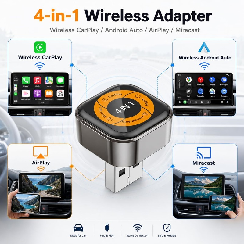 4-in-1 Wireless CarPlay & Android Auto Adapter with AirPlay & Miracast, Wirel... gallery