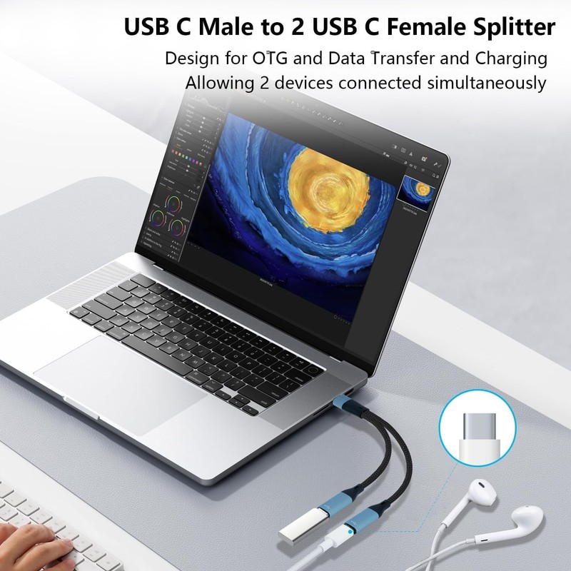 USB C to Dual USB Type C Female Splitter Cable Earphone Adapter Type C OTG Split gallery
