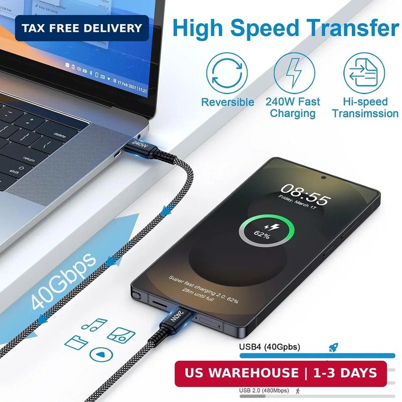 240W USB C to USB C Cable, [6FT, 2-Pack] Type C to C Cable Fast Charging Charger gallery